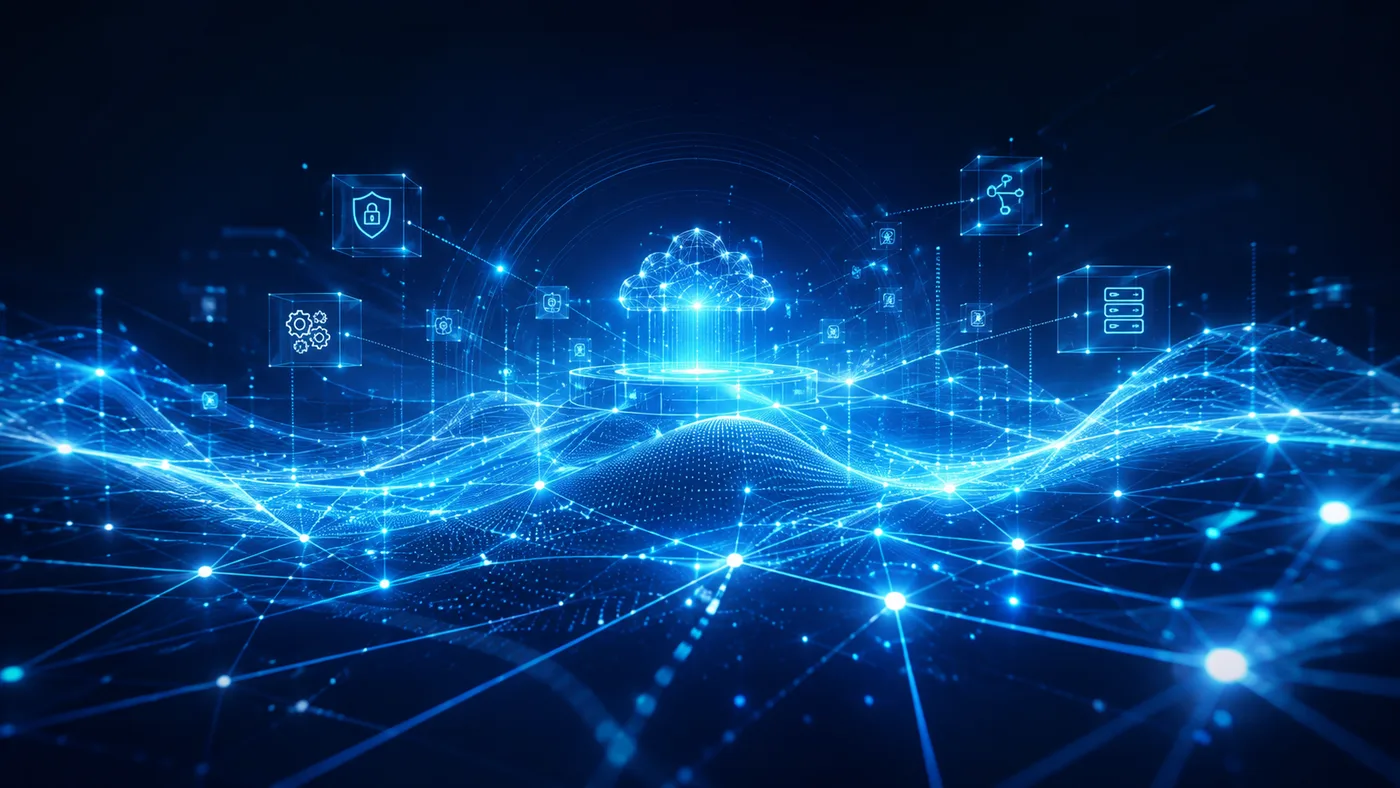 Ilustración tecnológica de una red digital conectada, nube, seguridad y automatización